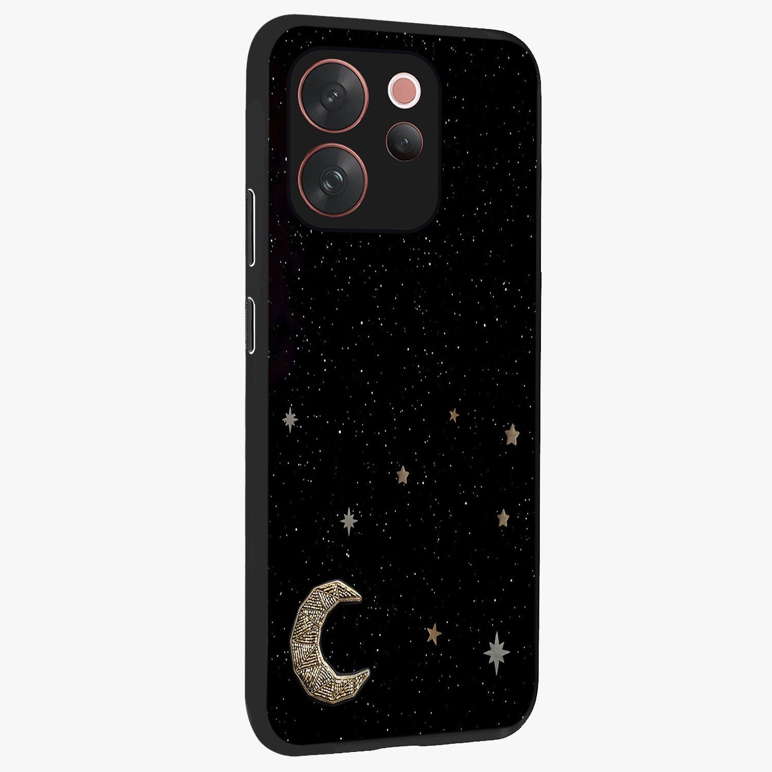 Twinkle Star With Half Moon Glass Case upright view showcasing glowing cosmic artwork with dreamy night theme.