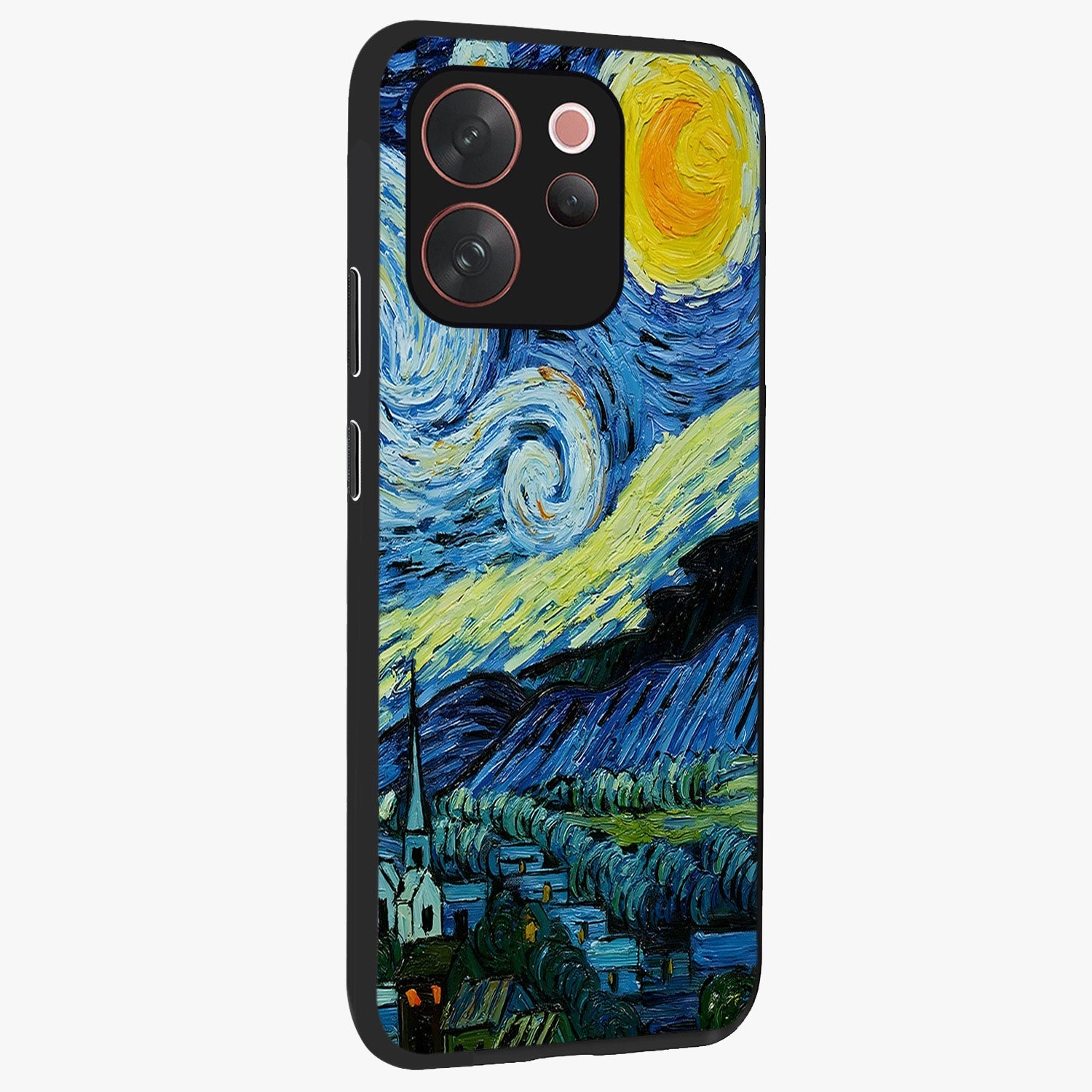 Van Gogh Art Glass Case upright view showcasing expressive painting style artwork with timeless artistic theme.