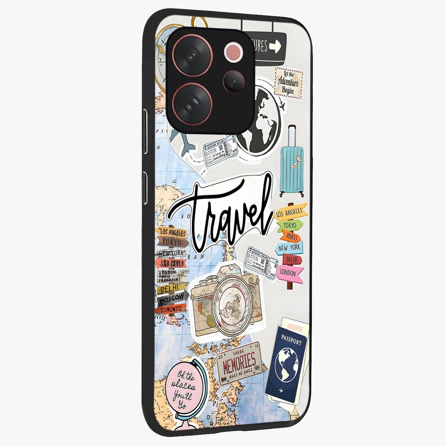 Wanderlust Journal Glass Case upright view showcasing wanderlust inspired artwork with creative exploration theme.