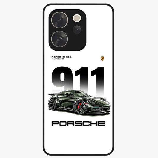 911 Turbo Dominance Glass Case showing clean flat back view with bold 911 sports car artwork and glossy glass finish.