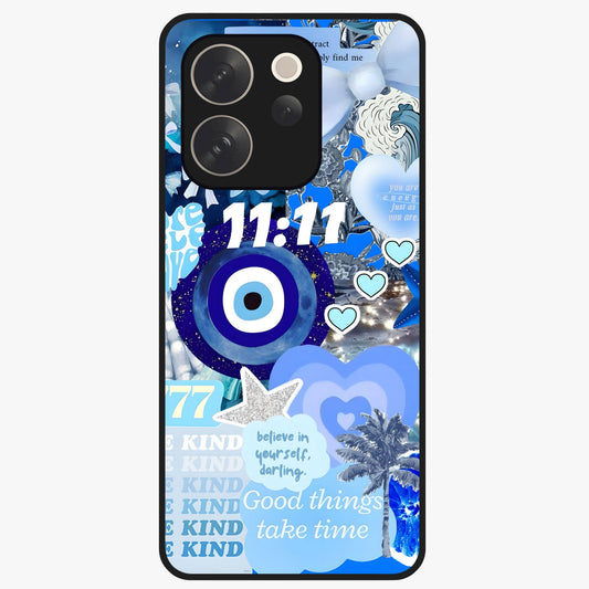 Aesthetic Be Kind Eye Glass Case showing flat back view with motivational eye artwork and glossy glass finish.