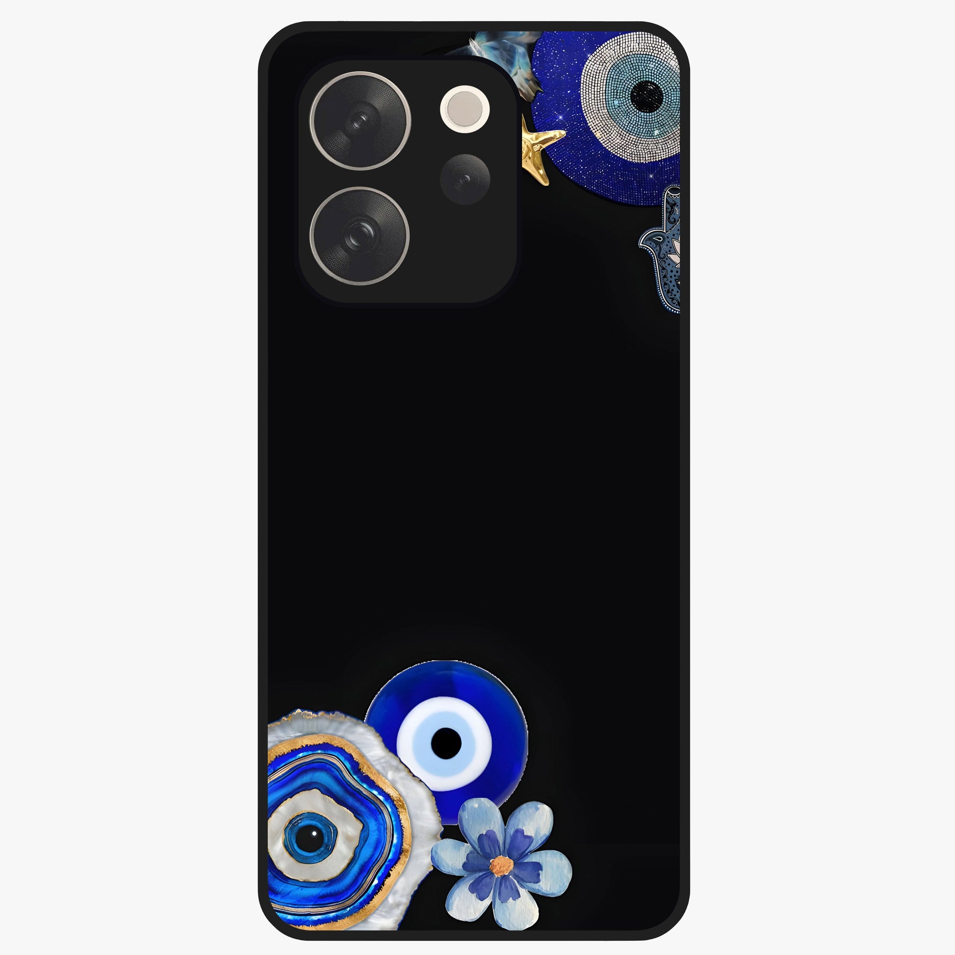 Aesthetic Blue Evil Eye Glass Case showing flat back view with protective evil eye artwork and glossy glass finish.