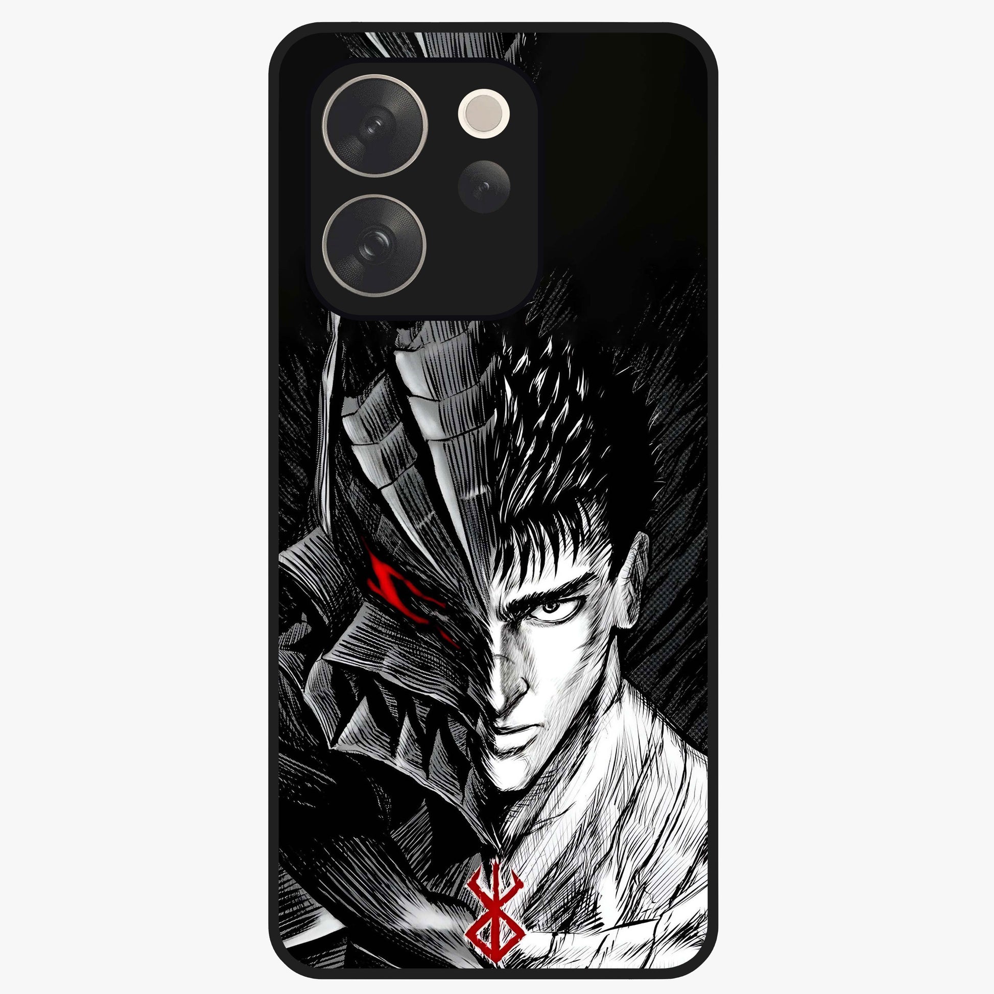 Berserker Blood Oath Glass Case showing flat back view with fierce warrior inspired artwork and glossy glass finish.