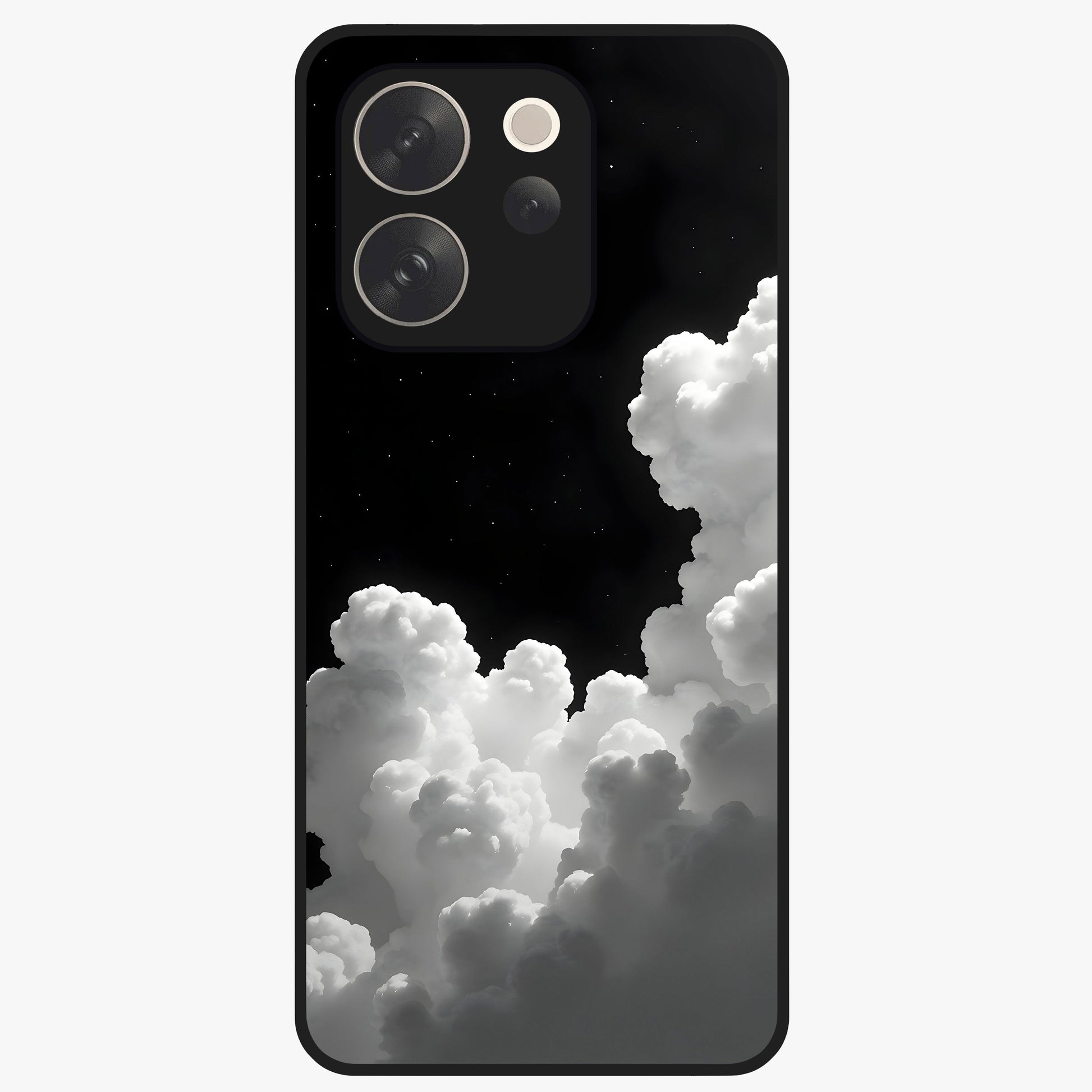 Black Background With White Cloud Glass Case showing flat back view with minimal cloud artwork on dark background and glossy glass finish.