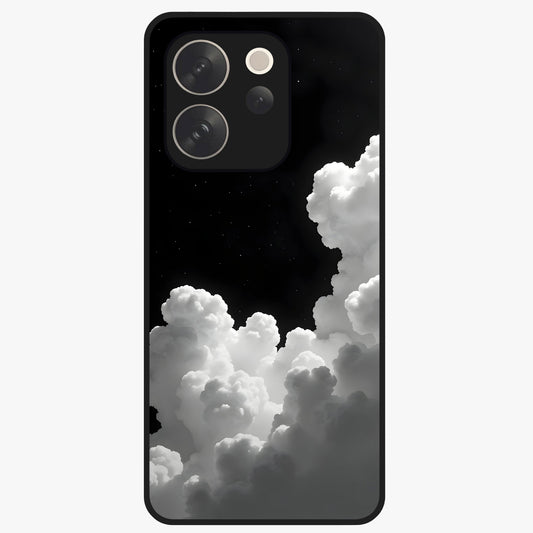 Black Background With White Cloud Glass Case showing flat back view with minimal cloud artwork on dark background and glossy glass finish.