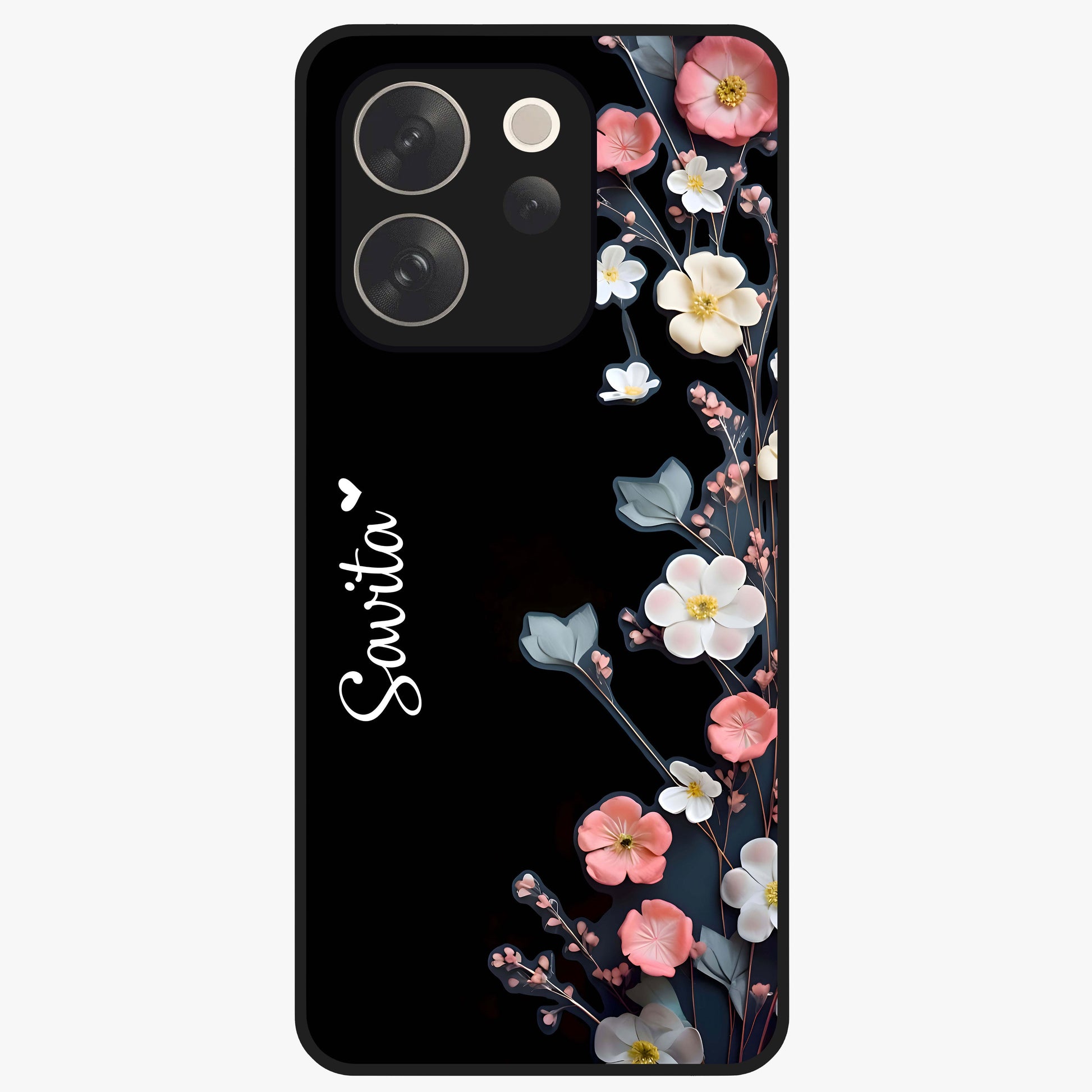 Black Elegance Floral Custom Name Glass Case showing flat back view with elegant floral artwork and personalized name design.