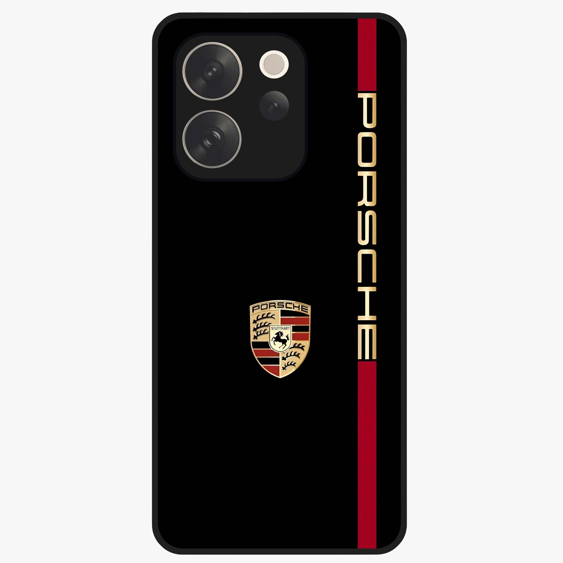 Black Minimal Porsche Glass Case showing flat back view with sleek minimal sports car artwork and glossy glass finish.
