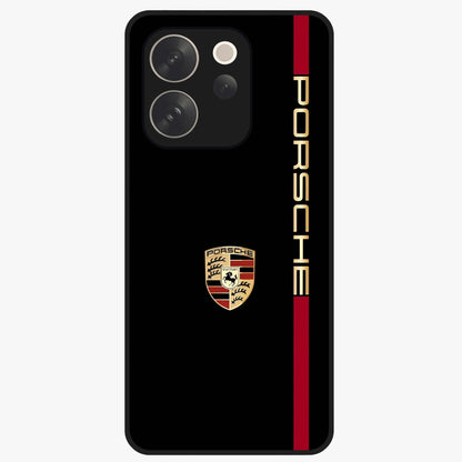 Black Minimal Porsche Glass Case showing flat back view with sleek minimal sports car artwork and glossy glass finish.