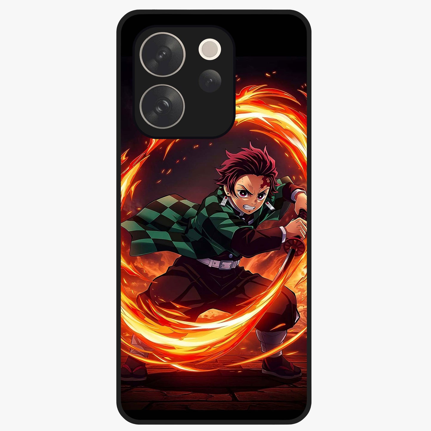 Blazing Sword Resolve Glass Case showing flat back view with fiery sword artwork and glossy glass finish.