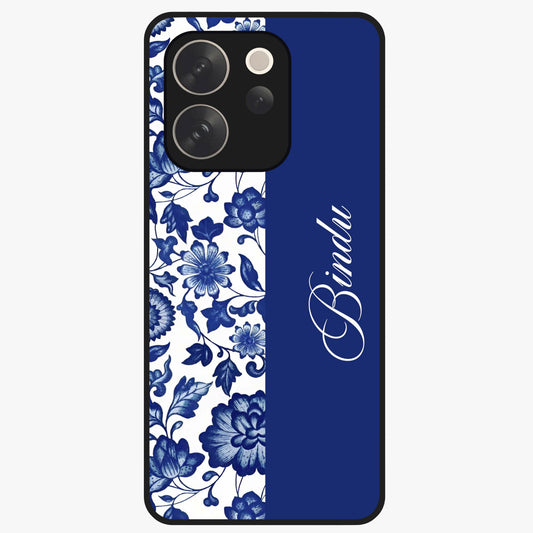 Blue Vintage Floral Pattern Glass Case upright view showcasing timeless floral illustration with vintage inspired style.