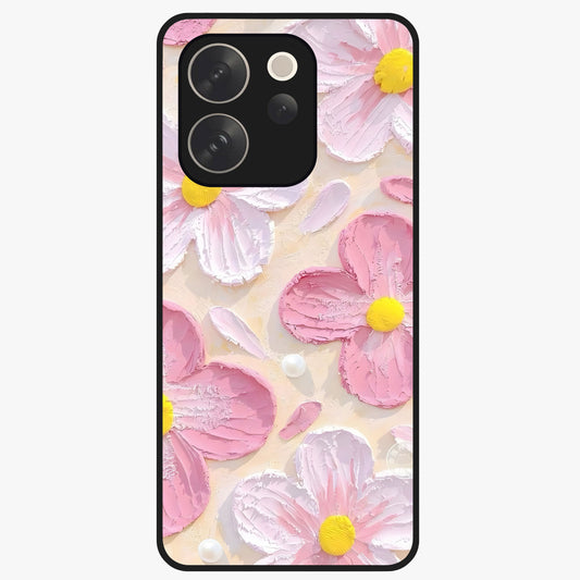 Blush Bloom Texture Glass Case showing flat back view with soft blush floral texture artwork and glossy glass finish.