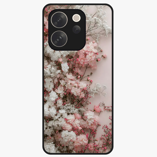 Blush Blossom Cloud Glass Case showing flat back view with dreamy blush cloud blossom artwork and glossy glass finish.