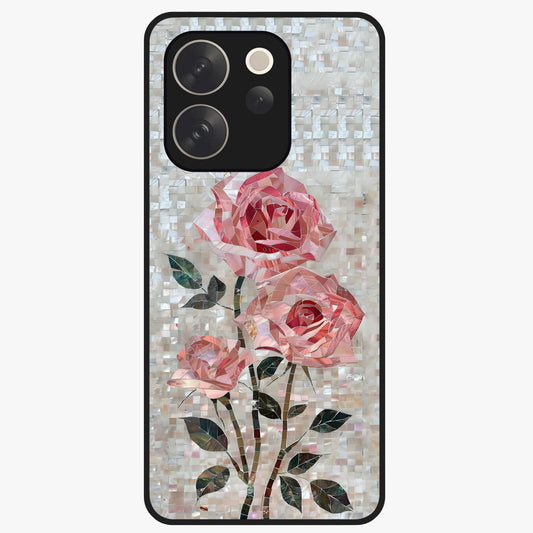 Blush Mosaic Bloom Glass Case showing flat back view with mosaic floral bloom artwork and glossy glass finish.