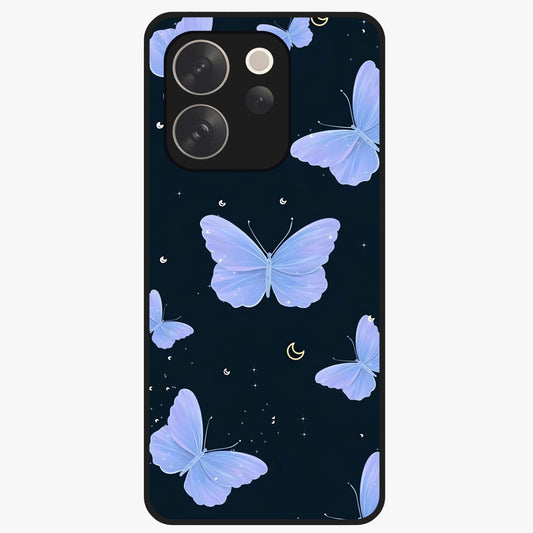 Butterfly With Stars Pattern Glass Case showing flat back view with butterfly and star pattern artwork and glossy glass finish.