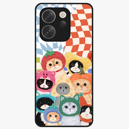 Cats in Fruits Glass Case showing flat back view with playful cat illustrations inside fruit artwork and glossy glass finish.