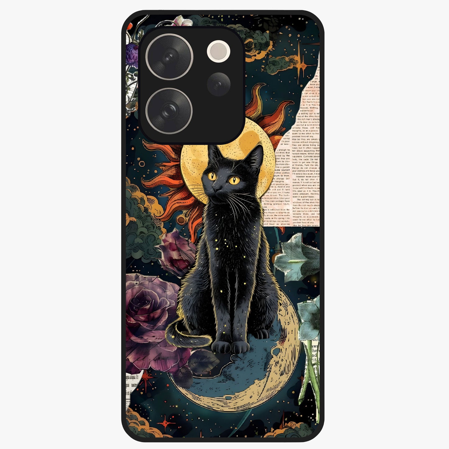 Celestial Black Cat Glass Case showing flat back view with mystical black cat artwork and glossy glass finish.