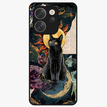 Celestial Black Cat Glass Case showing flat back view with mystical black cat artwork and glossy glass finish.