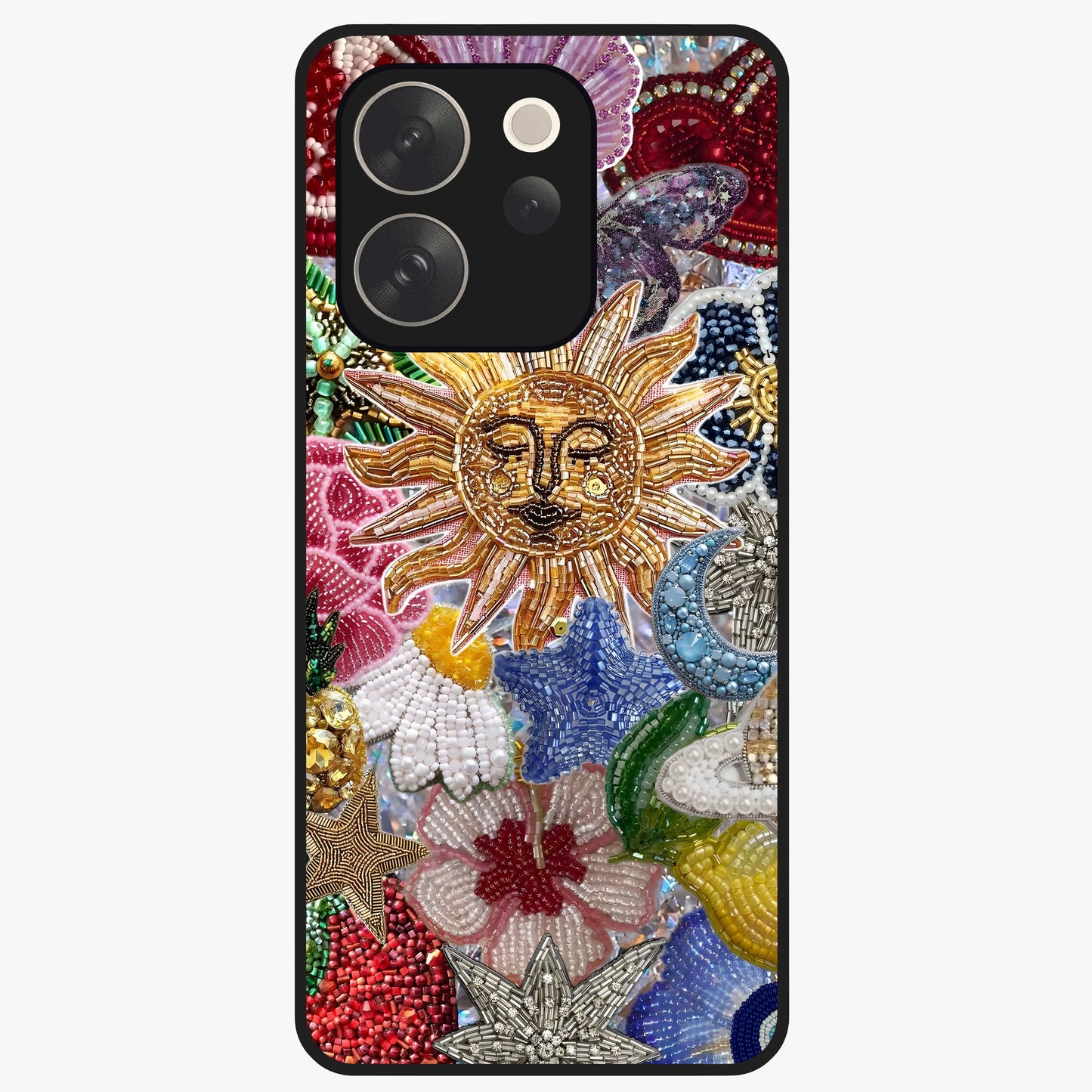 Celestial Floral and Playful Glass Case showing flat back view with floral and celestial themed artwork and glossy glass finish.