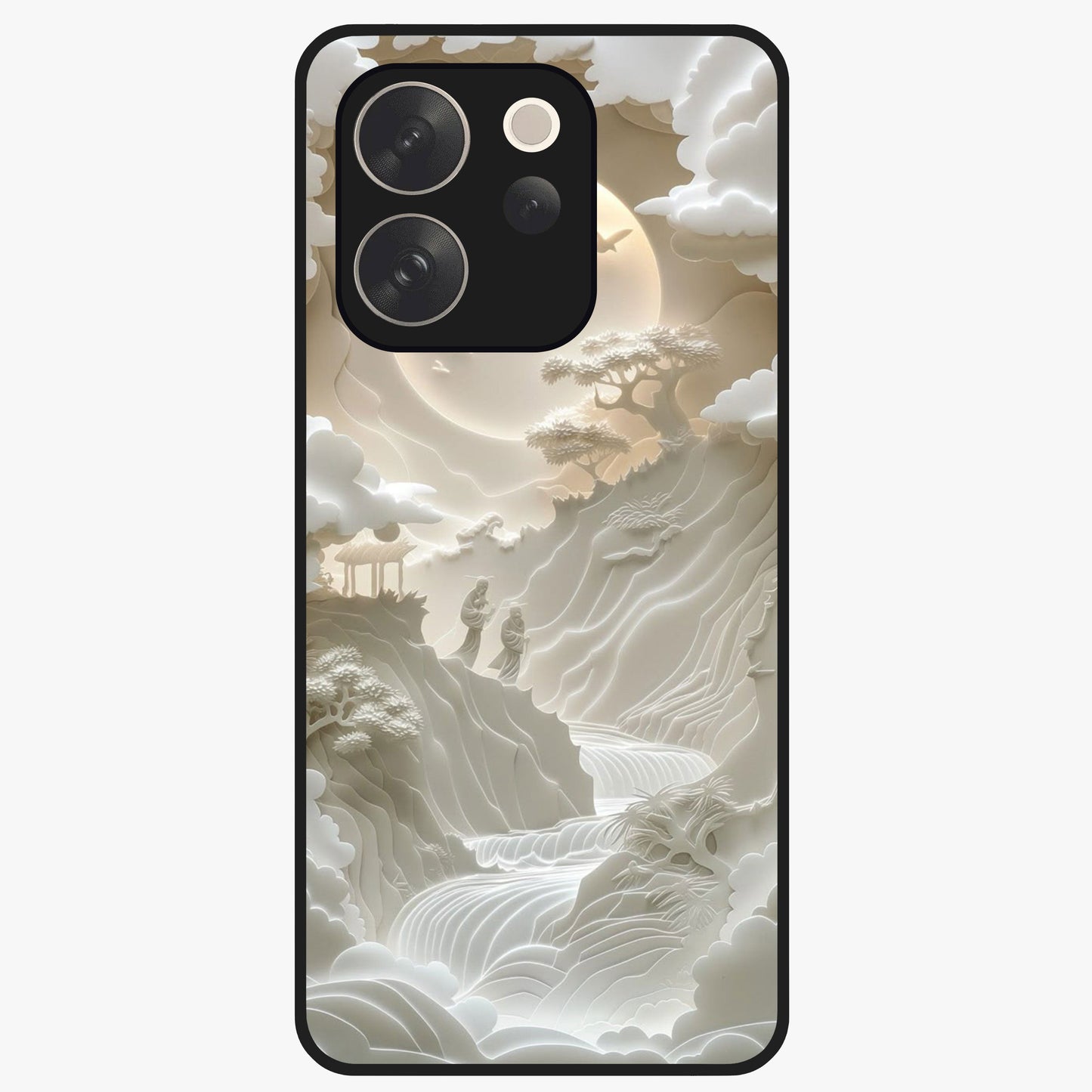 Celestial Origami Glass Case showing flat back view with artistic origami inspired celestial artwork and glossy glass finish.