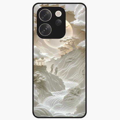 Celestial Origami Glass Case showing flat back view with artistic origami inspired celestial artwork and glossy glass finish.