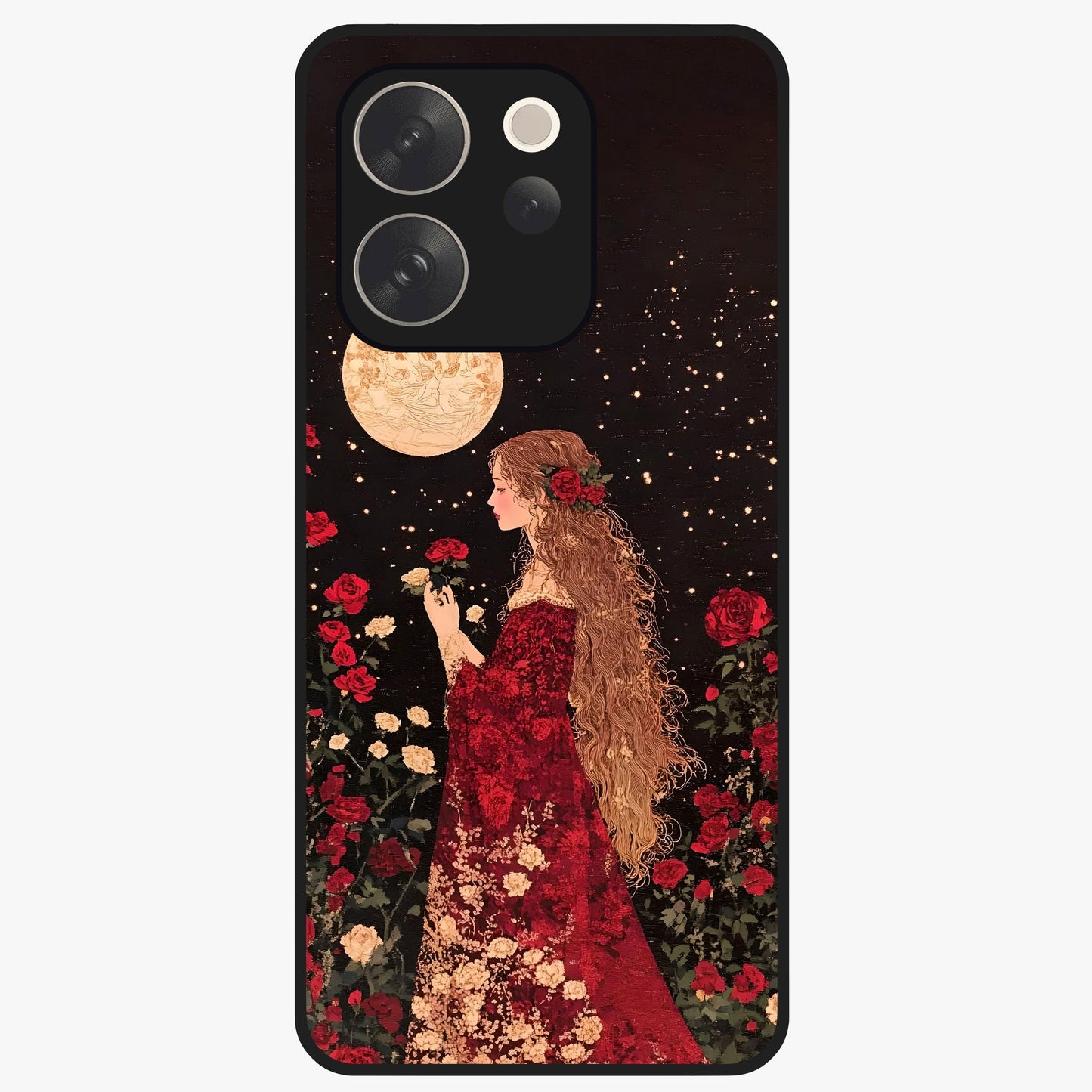 Crimson Dreams Glass Case showing flat back view with dreamy crimson artwork and glossy glass finish.
