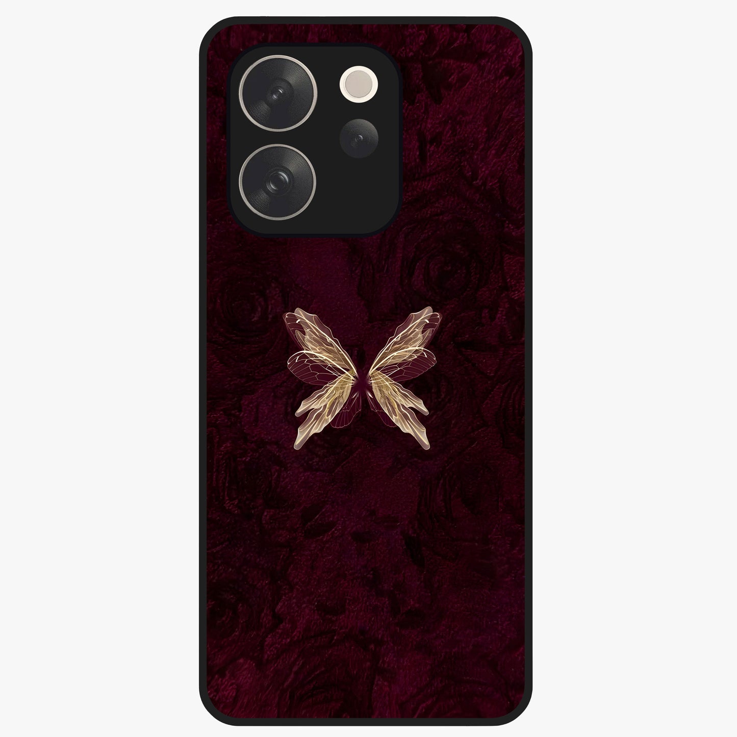 Crimson Fade Butterfly Glass Case showing flat back view with fading butterfly artwork and glossy glass finish.