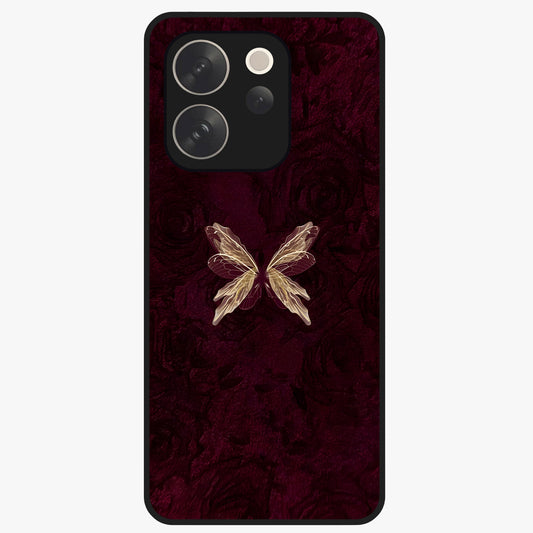 Crimson Fade Butterfly Glass Case showing flat back view with fading butterfly artwork and glossy glass finish.