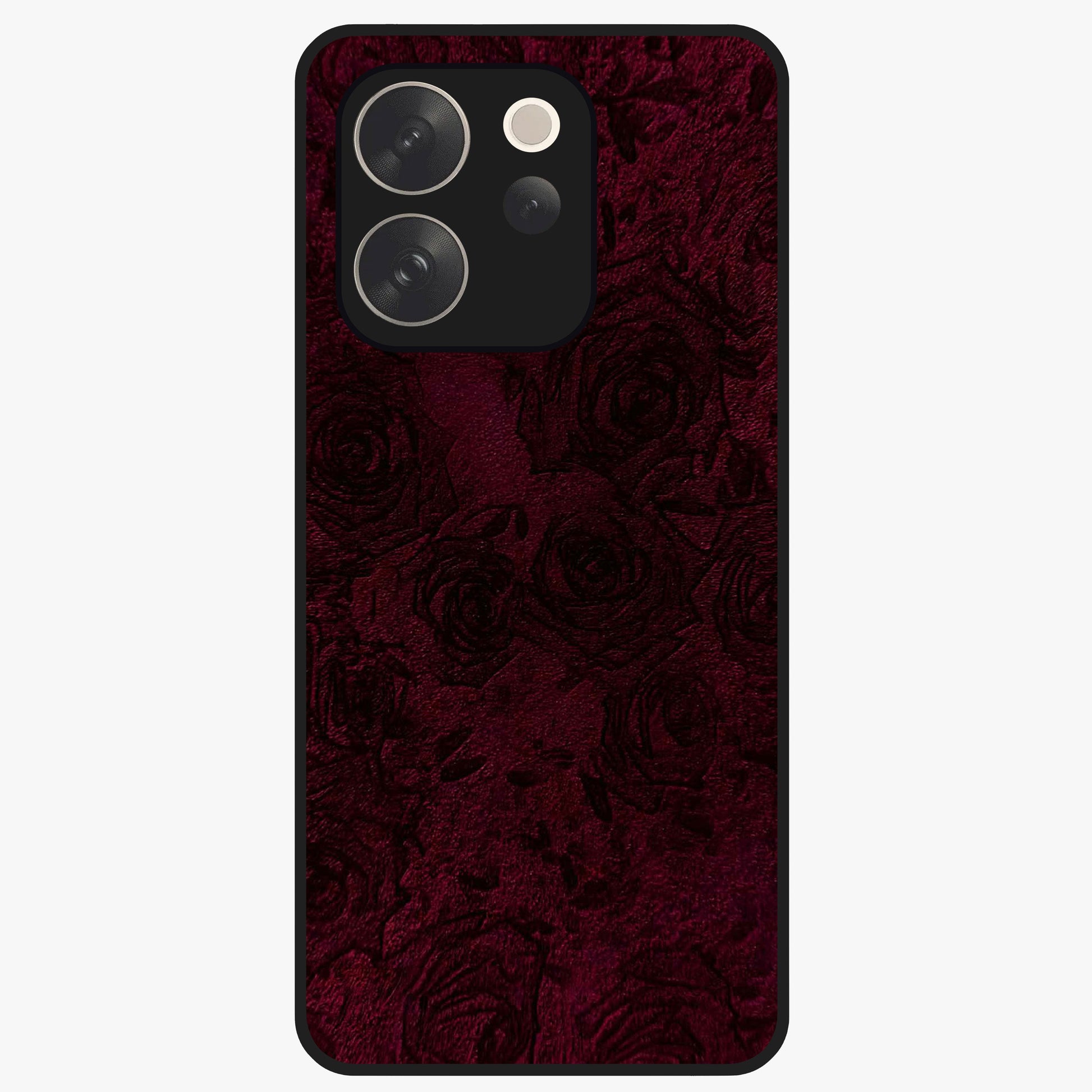 Crimson Fade Flow Glass Case showing flat back view with flowing crimson gradient artwork and glossy glass finish.