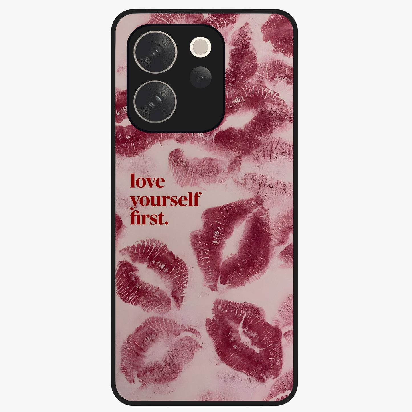 Crimson Kiss Love Glass Case showing flat back view with romantic crimson themed artwork and glossy glass finish.