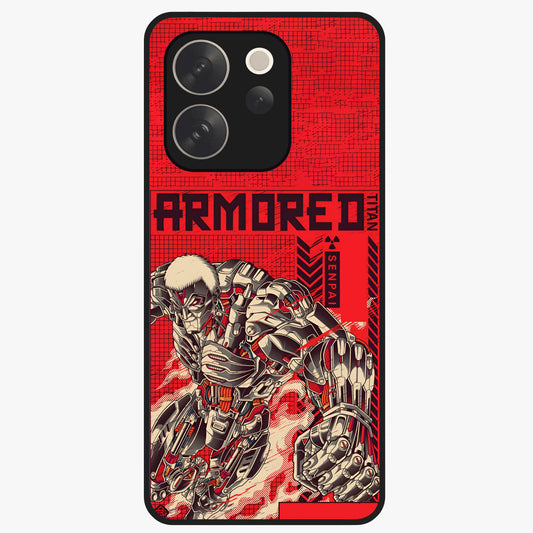 Crimson Mecha Titan Glass Case showing flat back view with powerful mech titan artwork and glossy glass finish.