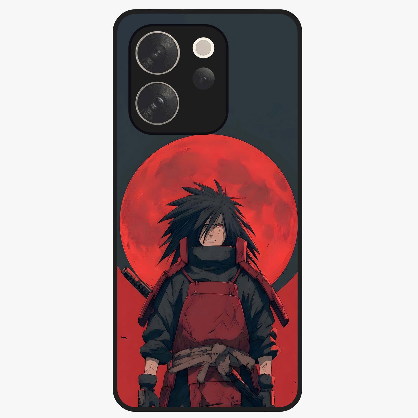 Crimson Moon Warlord Glass Case showing flat back view with mystical moon warrior artwork and glossy glass finish.
