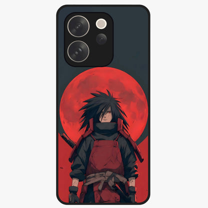 Crimson Moon Warlord Glass Case showing flat back view with mystical moon warrior artwork and glossy glass finish.