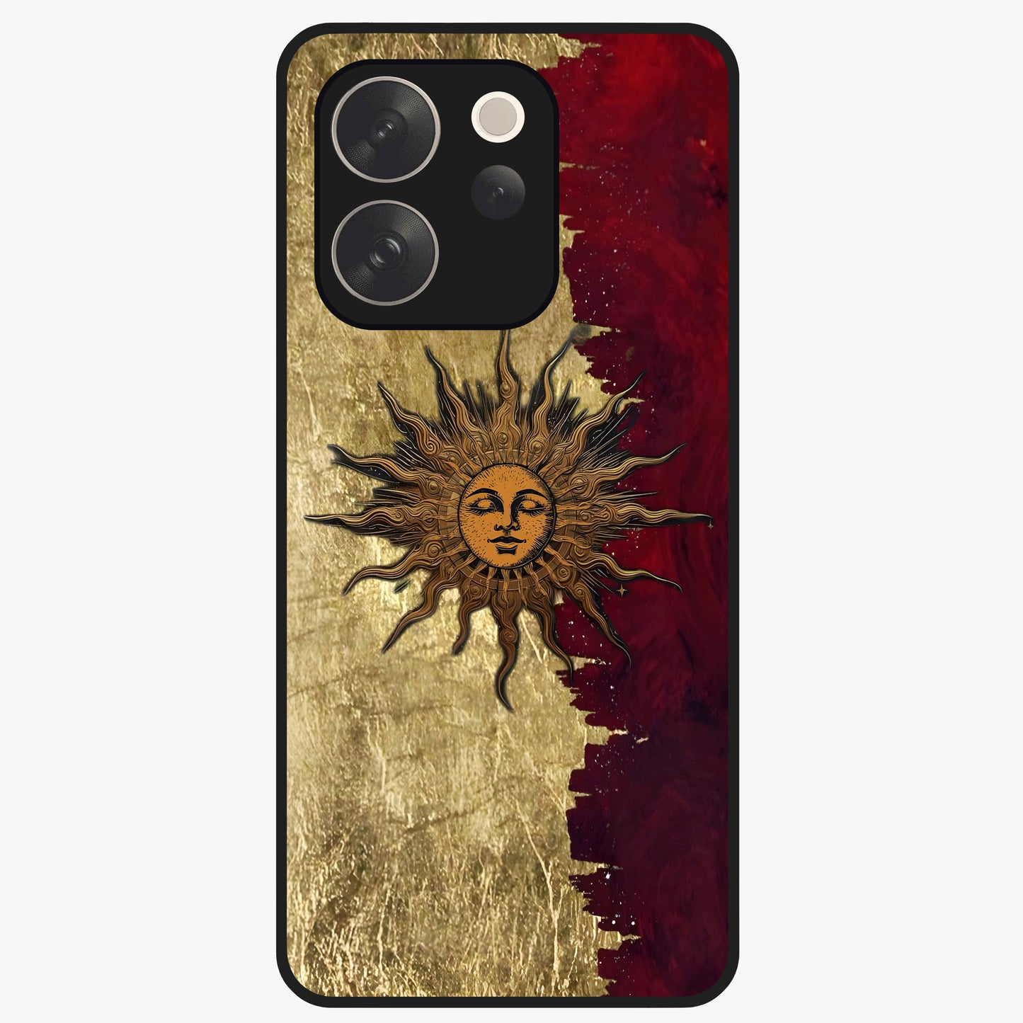Crimson Sun Majesty Glass Case showing flat back view with radiant sun inspired artwork and glossy glass finish.