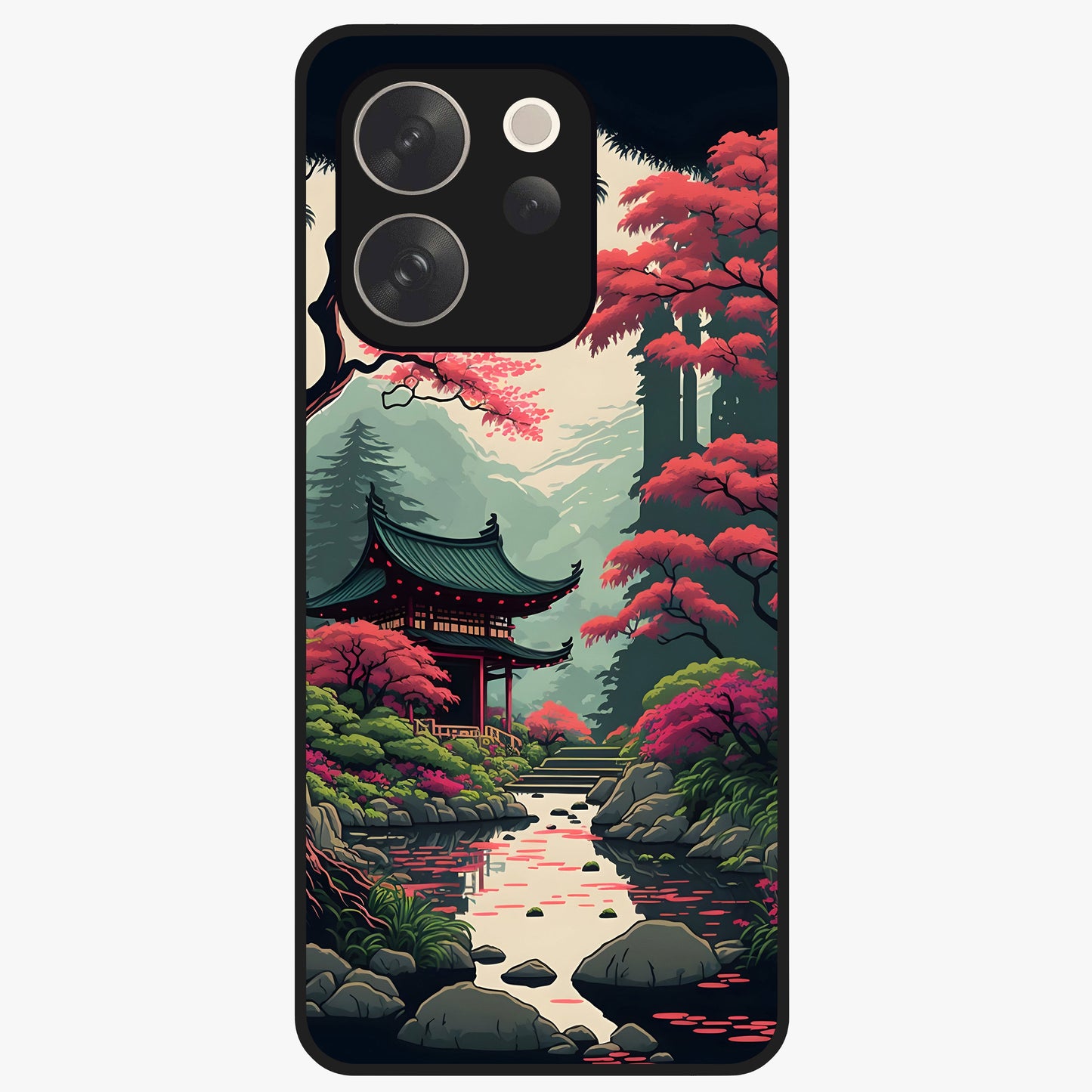 Crimson Temple View Glass Case showing flat back view with temple inspired artwork and glossy glass finish.