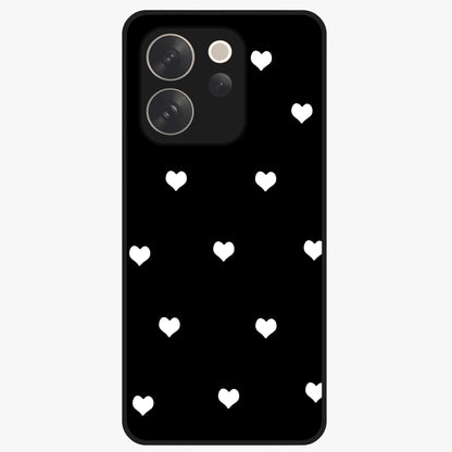 Cute And Simple White Hearts Glass Case showing flat back view with minimal white heart pattern and glossy glass finish.