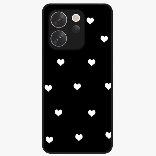 Cute And Simple White Hearts Glass Case showing flat back view with minimal white heart pattern and glossy glass finish.