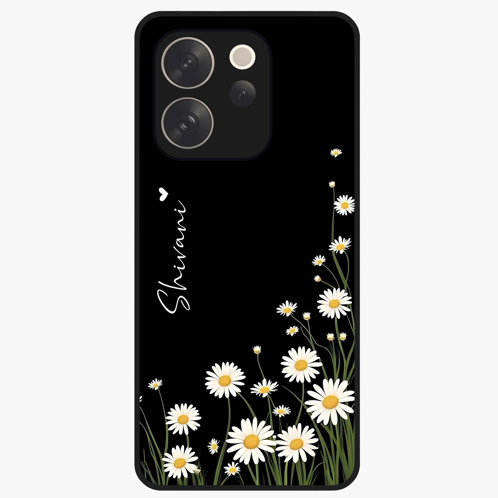 Daisy Cascade Custom Name Glass Case showing flat back view with cascading daisy flowers and personalized name design.