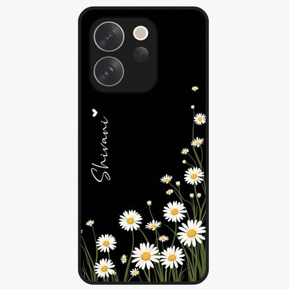 Daisy Cascade Custom Name Glass Case showing flat back view with cascading daisy flowers and personalized name design.