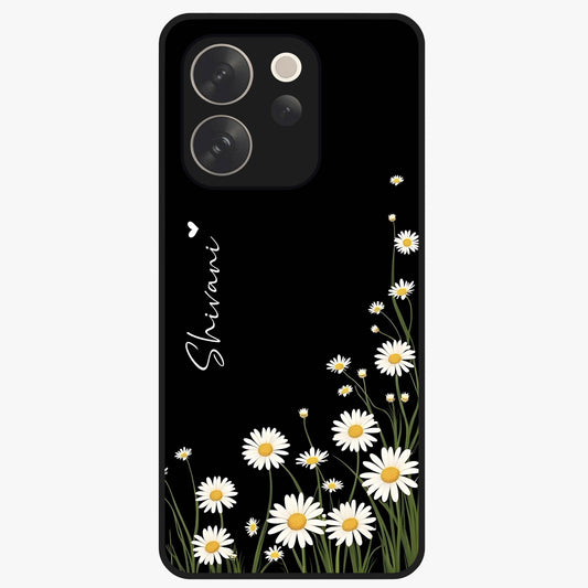 Daisy Cascade Custom Name Glass Case showing flat back view with cascading daisy flowers and personalized name design.