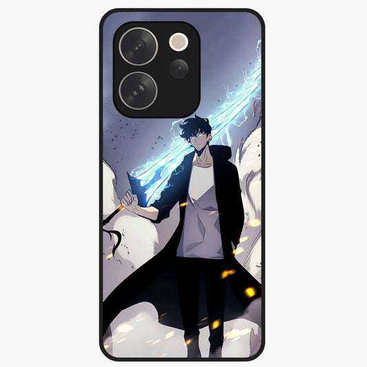 Dark Lightning Anime Warrior Glass Case showing flat back view with intense anime warrior artwork and glossy glass finish.