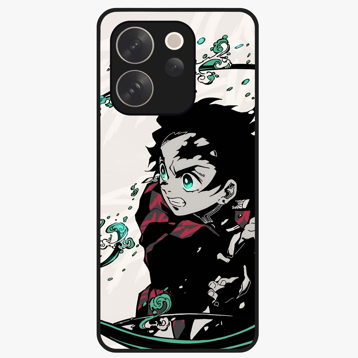 Demon Slayer Glass Case showing flat back view with bold anime inspired artwork and glossy glass finish.