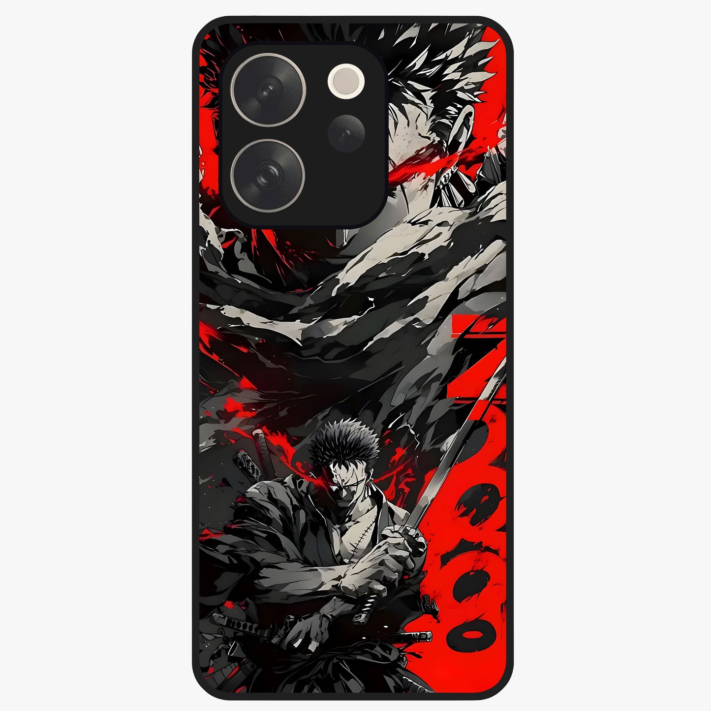 Demon Sword Resolve Glass Case showing flat back view with fierce sword warrior artwork and glossy glass finish.