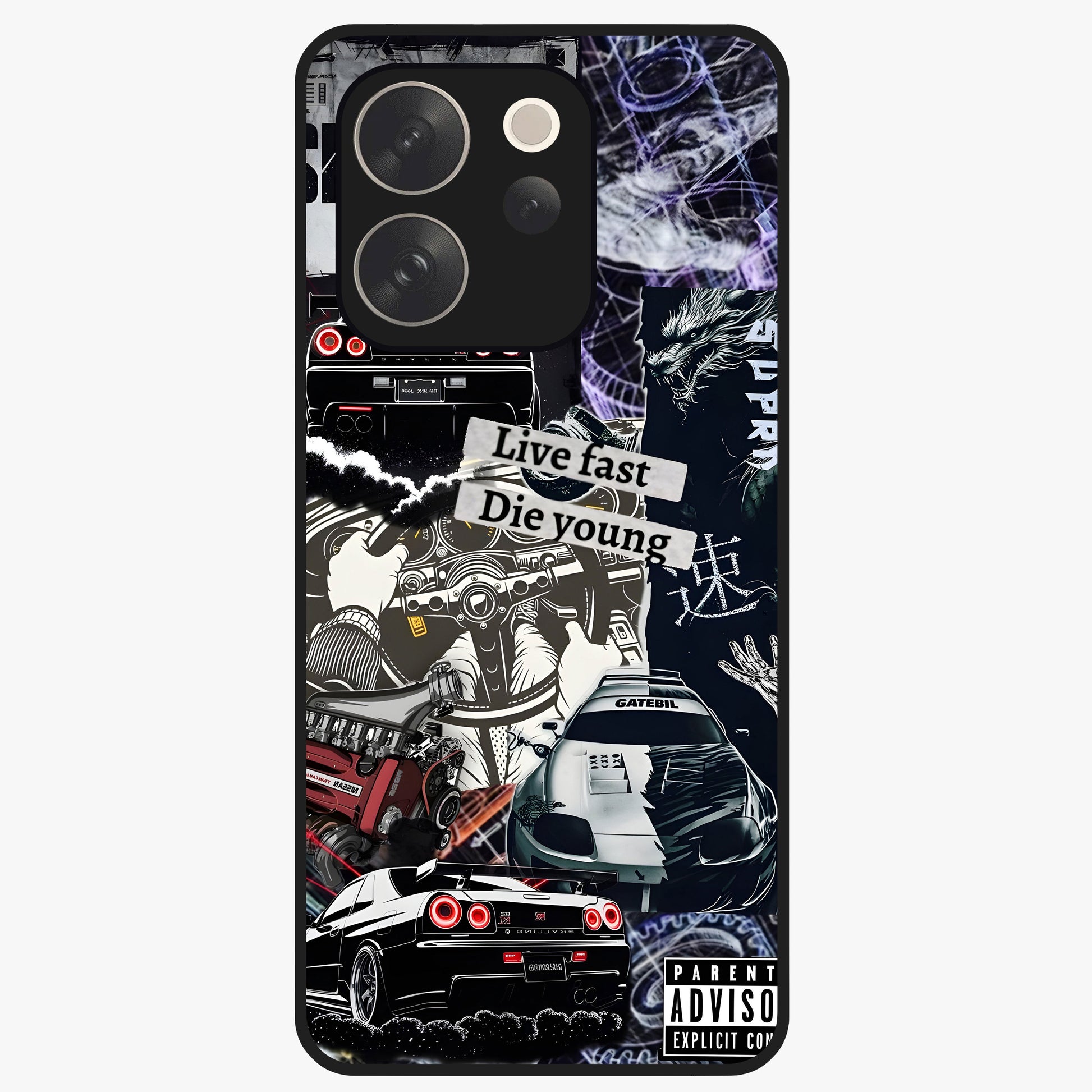 Die Young Glass Case showing flat back view with bold artistic typography design and glossy glass finish.