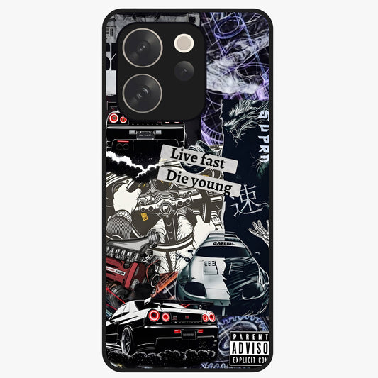 Die Young Glass Case showing flat back view with bold artistic typography design and glossy glass finish.