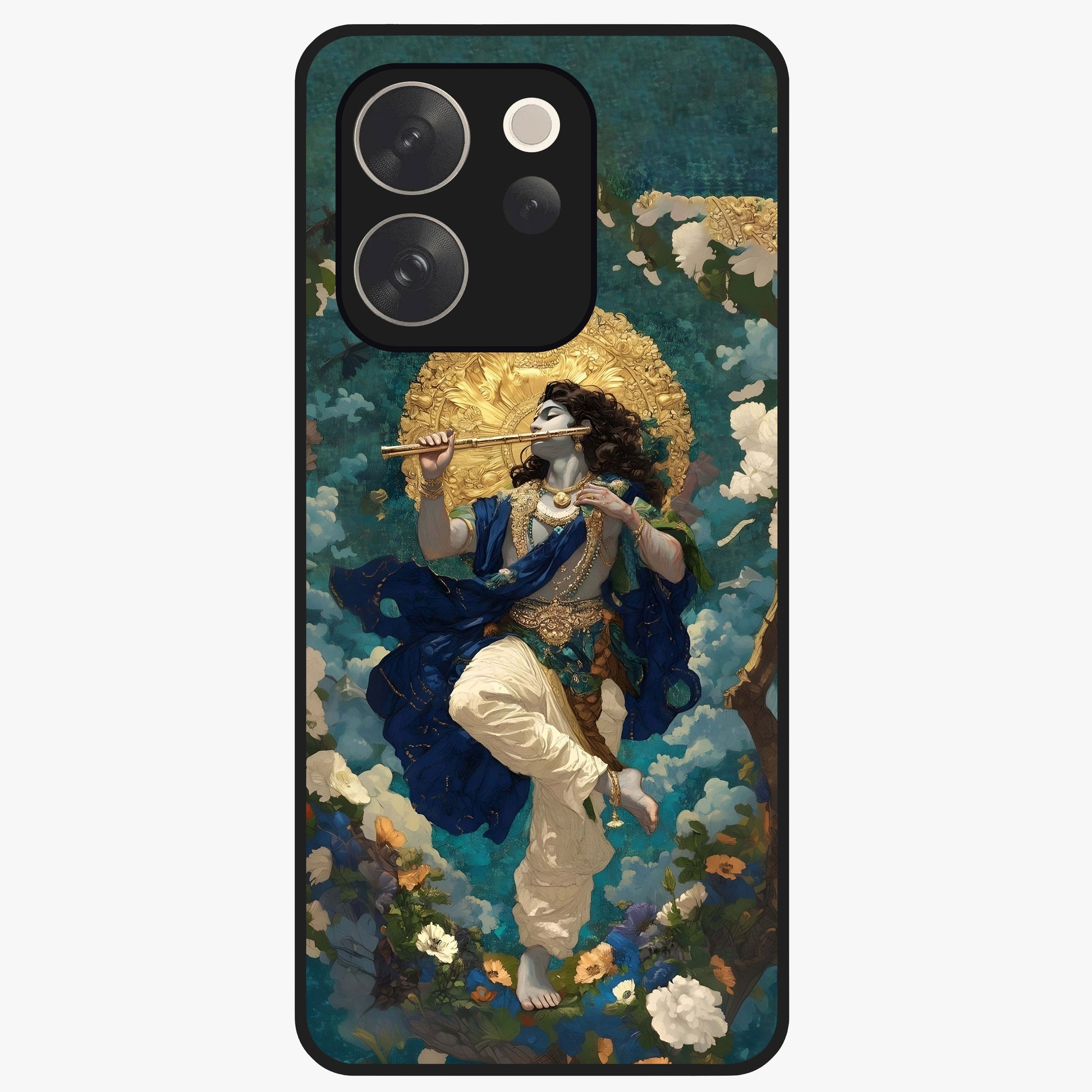 Divine Krishna Art Glass Case showing flat back view with Lord Krishna artwork and glossy glass finish.
