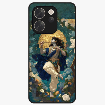 Divine Krishna Art Glass Case showing flat back view with Lord Krishna artwork and glossy glass finish.