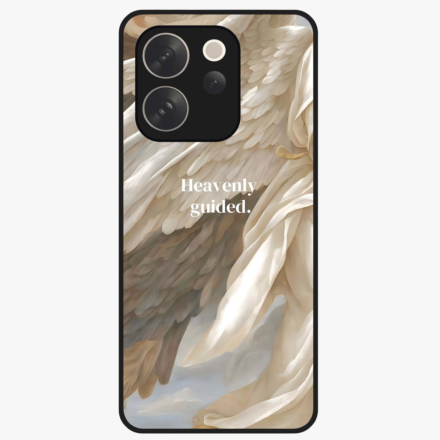 Divine Winged Grace Glass Case showing flat back view with elegant wing inspired artwork and glossy glass finish.