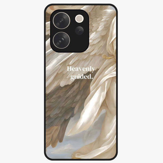 Divine Winged Grace Glass Case showing flat back view with elegant wing inspired artwork and glossy glass finish.