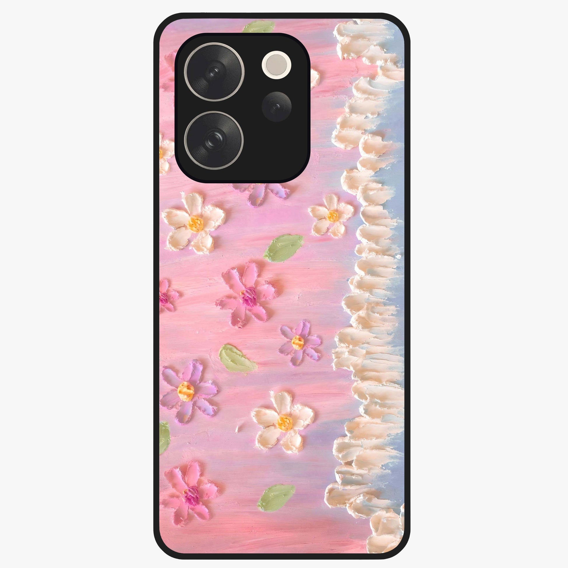 Dreamy Painted Garden Glass Case showing flat back view with artistic painted floral garden artwork and glossy glass finish.