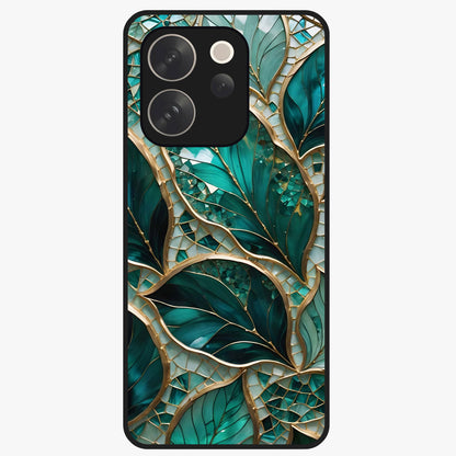 Emerald Leaf Glass Glass Case showing flat back view with emerald green leaf artwork and glossy glass finish.
